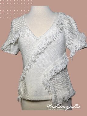 Anthropologie V-Neck Short Sleeve Cotton-Silk Fringe Knit Top size Small